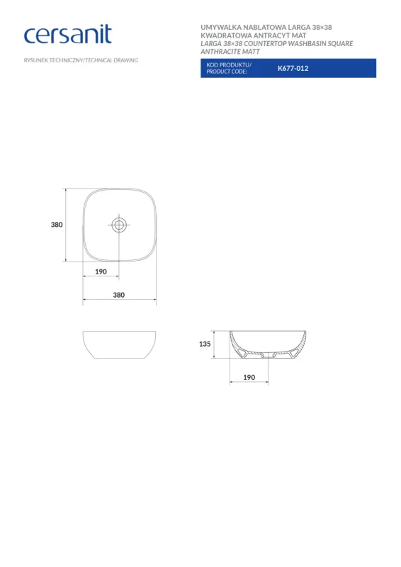 Умывальник 38 см Larga Anthracite CCWT1000770770 Cersanit