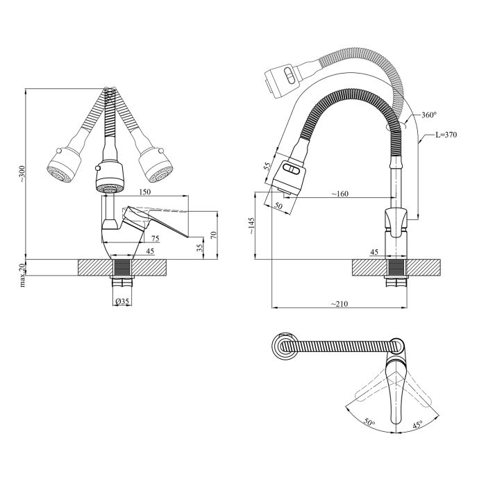 Смеситель для кухни с гибким изливом Agua Sevilla - C039