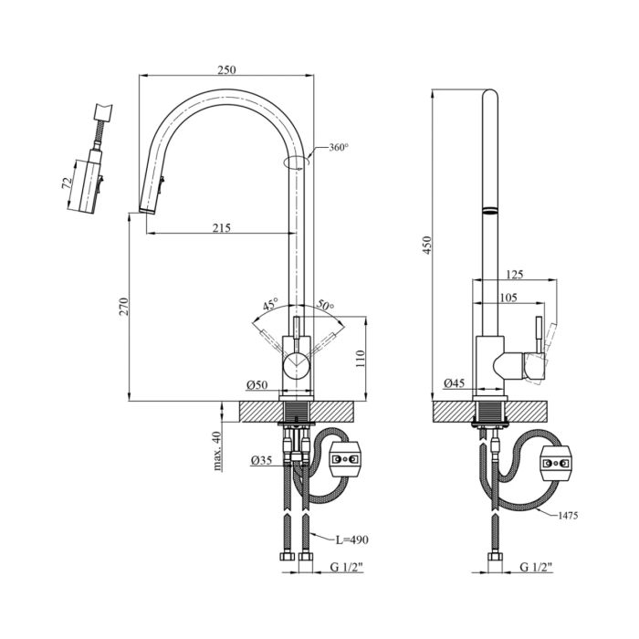 Змішувач для кухні з висувним виливом Kroner KRP Edelstahl Klassisch - ESG03915