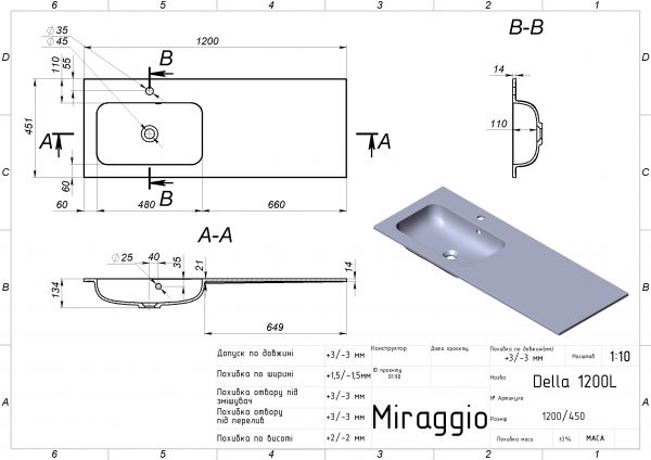 Умивальник Miraggio DELLA 1200 L MATT