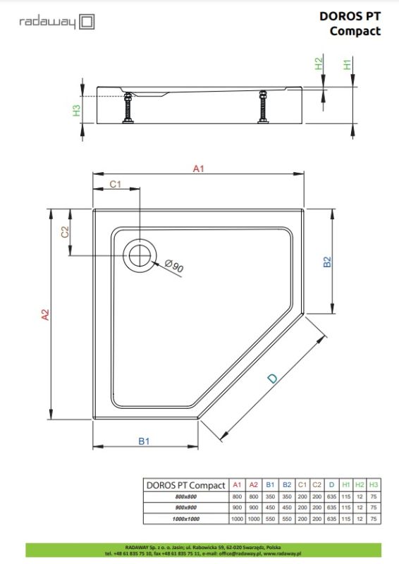 Душевой поддон Radaway Doros PT Compact 900x900x115 белый