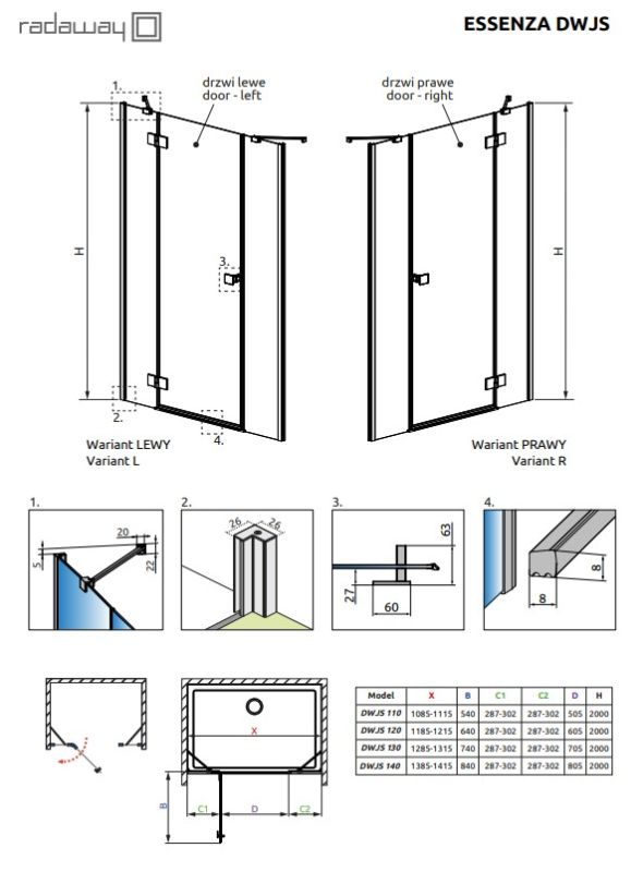Душевая дверь Radaway Essenza New Chrome DWJS 1400Lx2000 прозрачное стекло