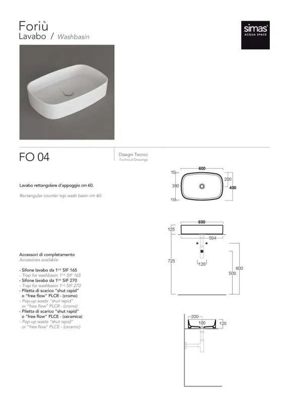 Умывальник 60 FORIU FO02SM Sabia Matt SIMAS