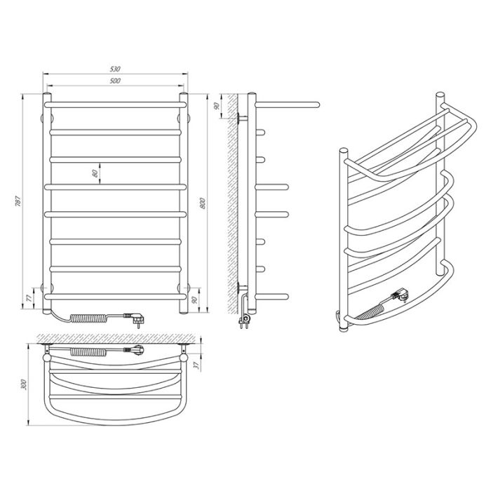 Рушникосушка ЄВРОМІКС П8, 500*800 з полицею, ліва S3