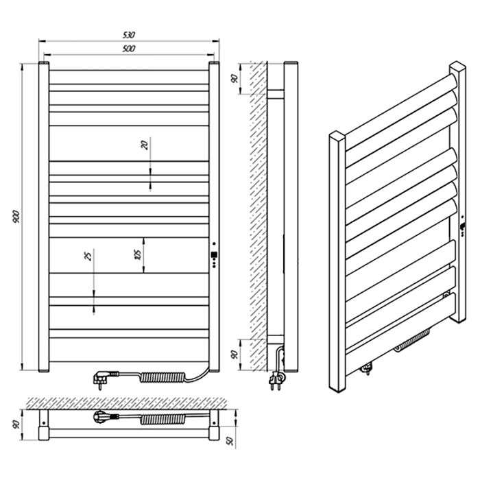 Рушникосушка ЛАВИНА ЧФЧ10 , 500*900, права, чорний мат
