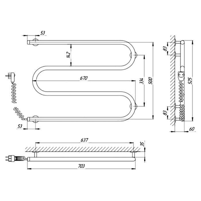 Рушникосушка ЗМІЙОВИК 25 РС3 700 х 500, ліва