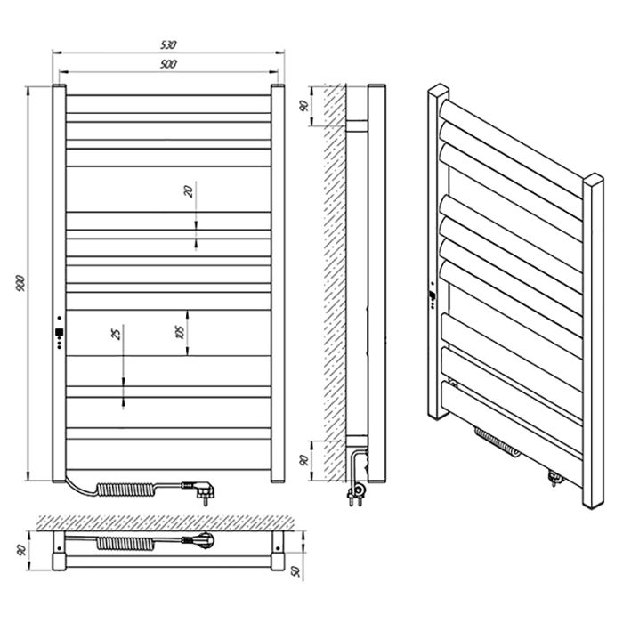 Рушникосушка ЛАВИНА ЧФЧ10 , 500*900, ліва, чорний мат