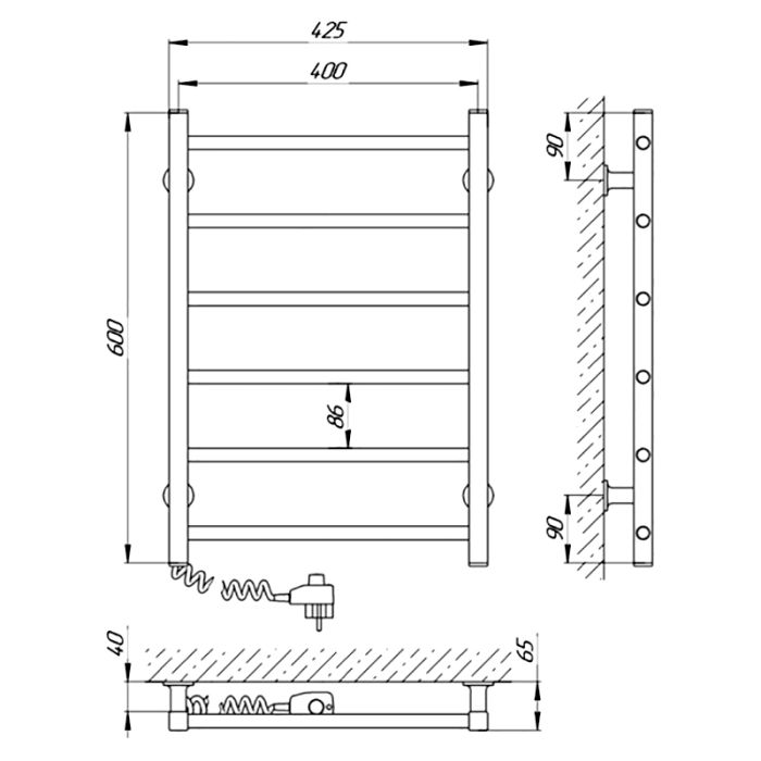 Рушникосушка АЛЬФА ЧФЧ6 400*600, ліва R3, чорний мат