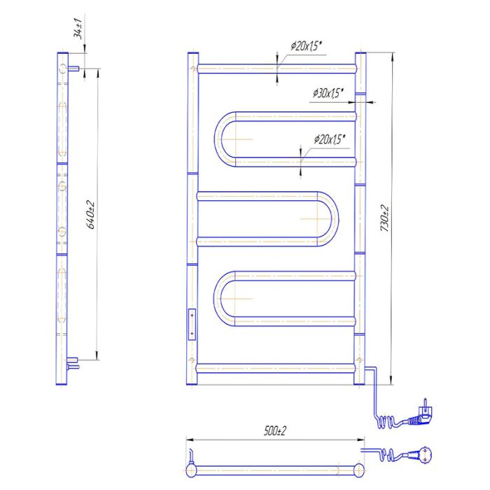 Рушникосушка АТЛАС 700х500/55 електр.TR, поворотна, права