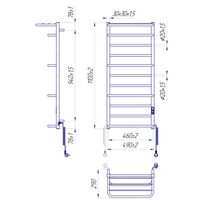 Полотенцесушитель ЛЮКСОР-I 1100х500/290 электр. TR К