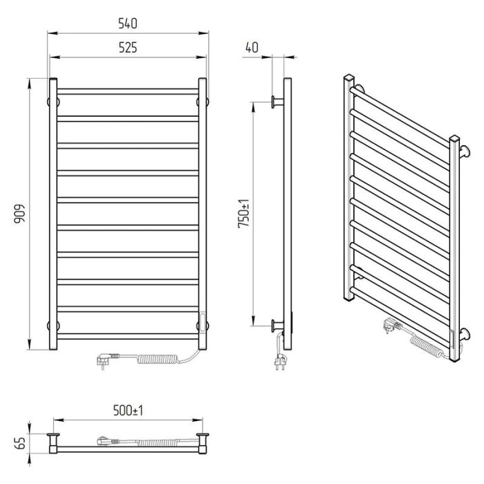 Рушникосушка АЛЬФА ЧФЧ10 500*900, права, чорний мат