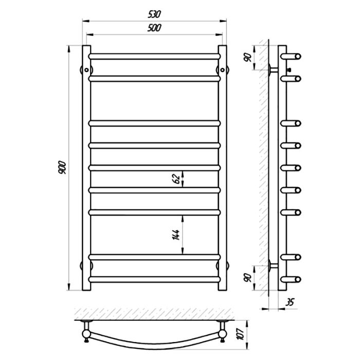 Полотенцесушитель КЛАССИК П9, 500*900, правый