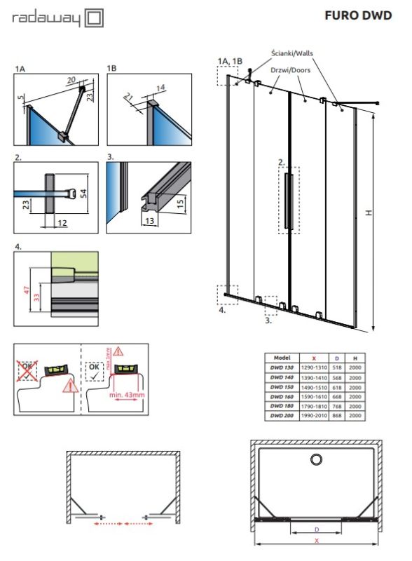 Душевая дверь Radaway Furo Black DWD 538x2000 прозрачное стекло