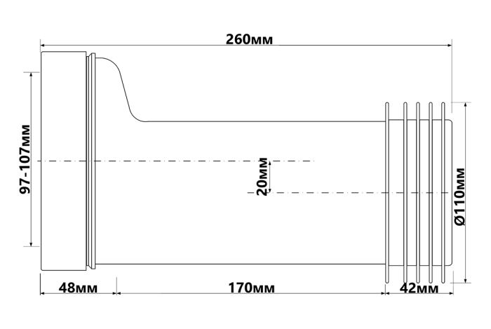 Колено-подключение McAlpine к WC L-260 mm с уплотнением: длинное, со смещением 20 мм