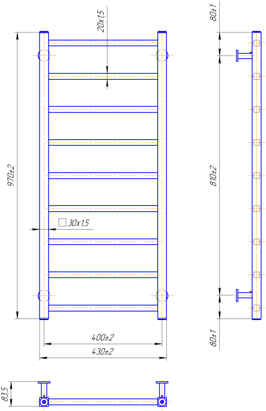 Водяна рушникосушка Mario INOX Токіо  970х430/400 бронза