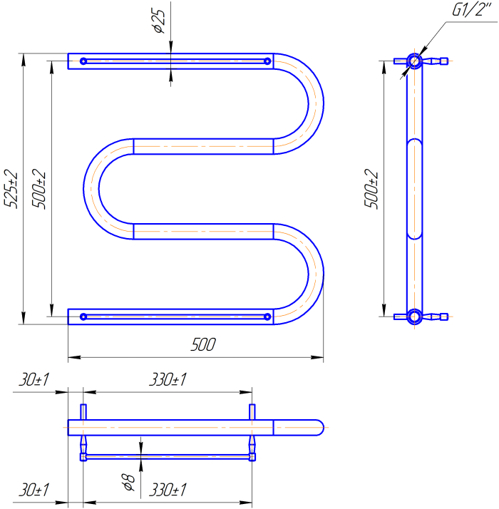 Водяна рушникосушка Mario Змійка 25  525х500/500 + полички чорний мат