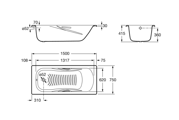 Ванна прямокутна сталева Roca PRINCESS 150*75см з ручками, без ніжок