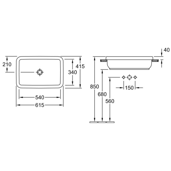 Умывальник Villeroy&Boch ARCHITECTURA 61,5*41,5см прямоугольный, на столешницу