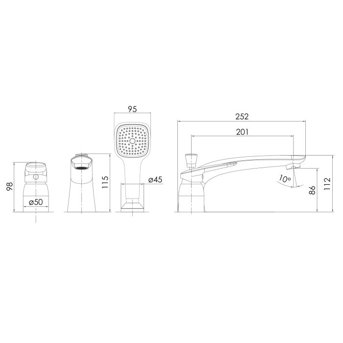 PRAHA new змішувач для ванни врізний, на три отвори, хром, 35 мм