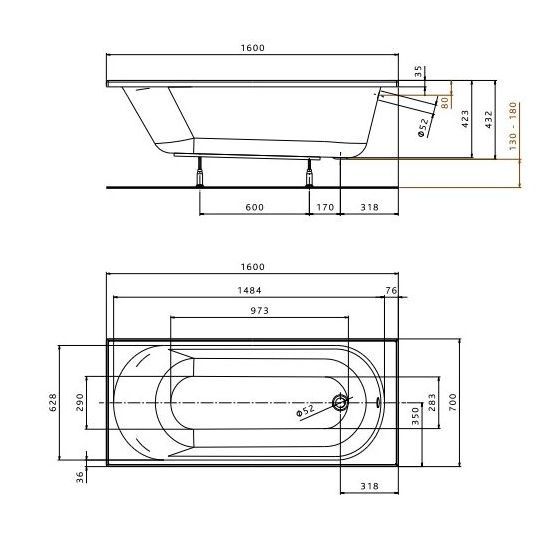 Ванна акрилова Kolo OPAL PLUS 160*70см, без ніжок