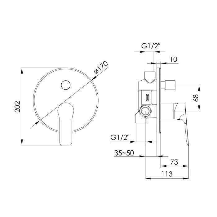 KUCERA смеситель скрытого монтажа (2 функции), круглая накладка, хром