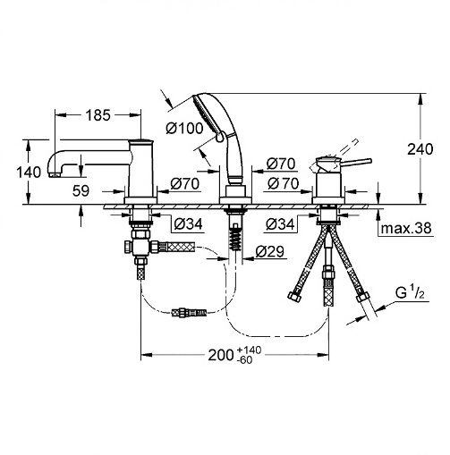 BAUCLASSIC змішувач для ванни, одноважільний на 3 отвори