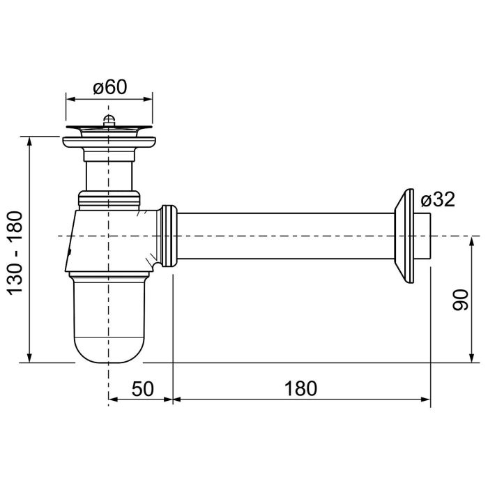 Сифон для умивальника з випуском, 1 1/4, патрубок 100мм, хром