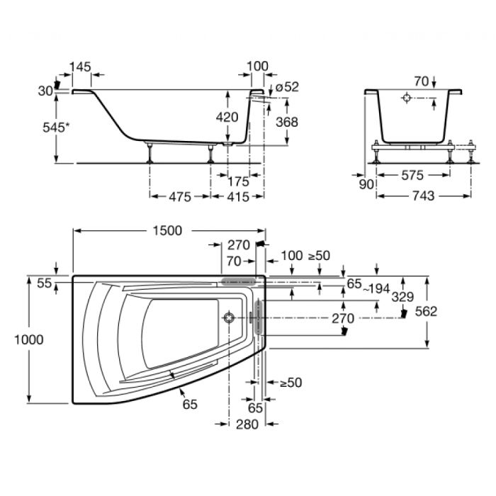 Ванна угловая Roca HALL 150*100см, левая, с подлокотниками, подголовником и ножками