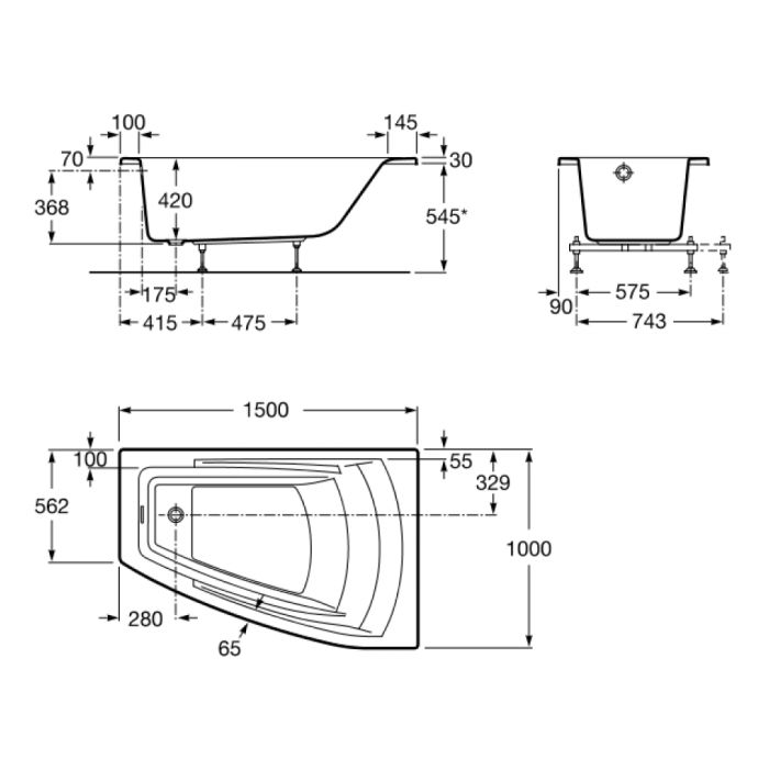 Ванна угловая Roca HALL 150*100см, правая, с подлокотниками, подголовником и ножками
