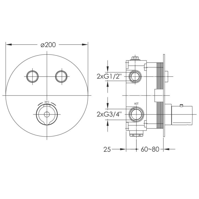 CENTRUM змішувач для душу, термостат, прихований монтаж, з кнопками, 2 режими