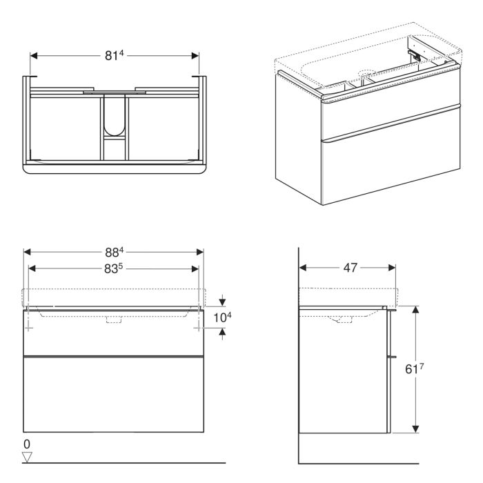 Тумба Geberit SMYLE Square 88,4*61,7*47см, под умывальник, с 2-мя ящичками, белый глянец