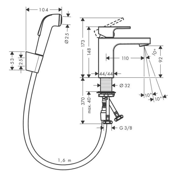 Смеситель для умывальника Hansgrohe VERNIS SHAPE, 100 с гигиенической белой лейкой