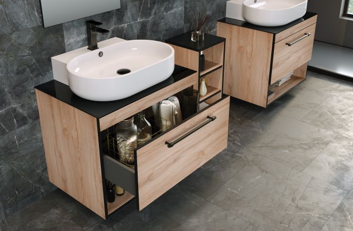 Комплект мебели Imprese BLACK EDGE 90см, дуб: тумба подвесная со столешницей 1 ящик + умывальник накладной