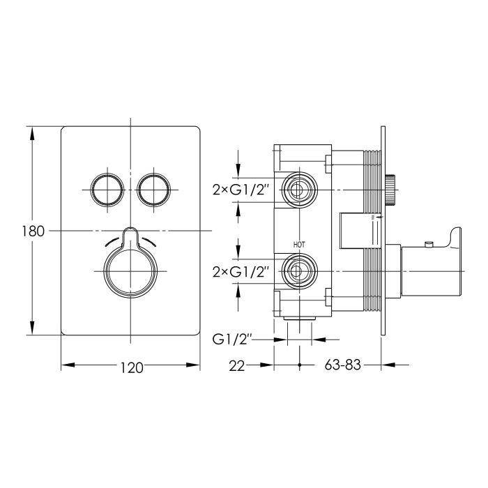SMART CLICK смеситель для душа, термостат, скрытый монтаж, 2 режима, кнопки с регулировкой потока, прямоугольная накладка, латунь, хром