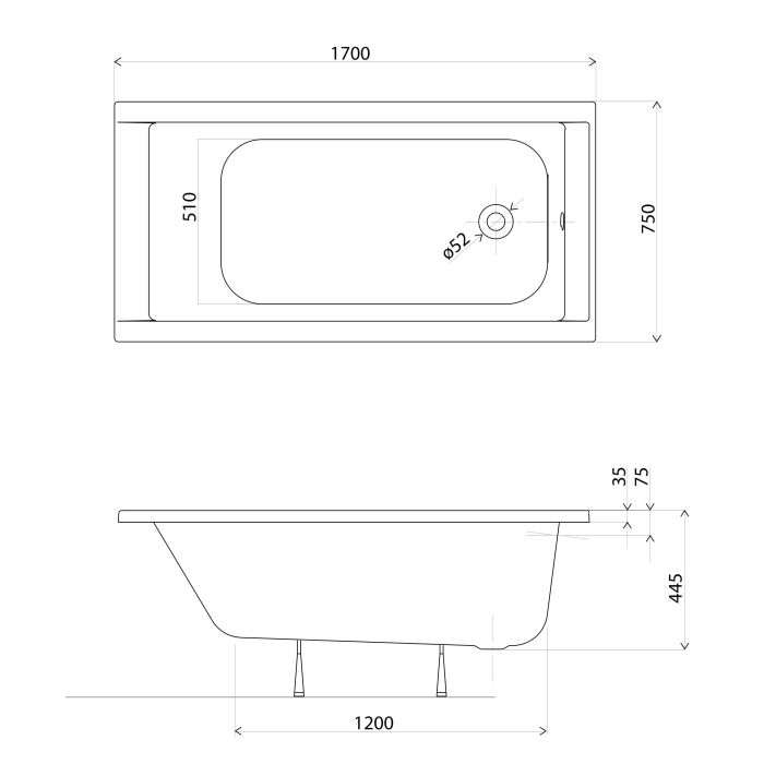 Ванна акриловая KOLO SUPERO 170*75, прямоугольная, с ножками SN14