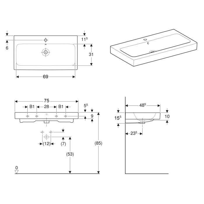Умывальник Geberit ICON 75см, без отверстия для смесителя, с переливом, белый