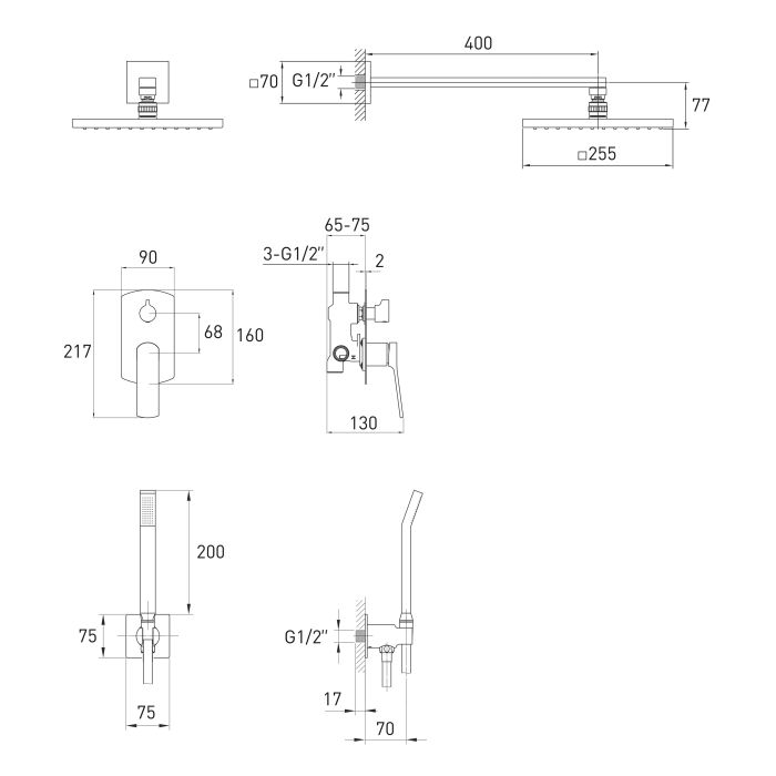 Душевая система Volle скрытого монтажа, смеситель SOLO, верхний душ 255х255мм, черный матовый