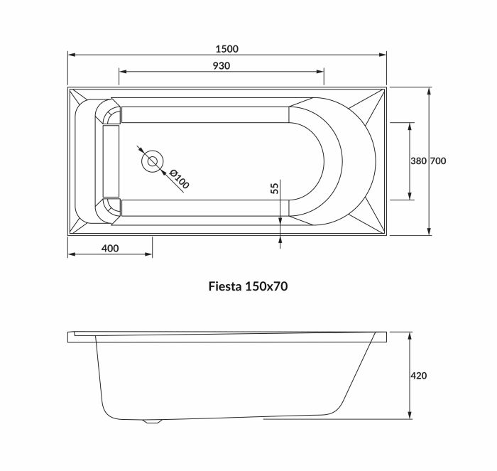 Ванна акриловая FIESTA NEO 150*70*42 см без ножек, 5мм