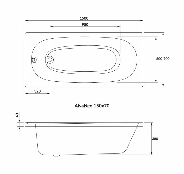 Ванна акрилова AIVA NEO 150*70*38 см без ніжок, 5мм