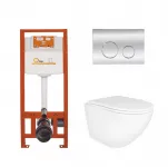 Инсталляционный набор: Qtap Robin Ultra Quiet подвесной унитаз QT1333046EUQW + Nest комплект установки 4в1 (круглая клавиша Chrome) QT0133M425 + QT0111M11112CRM