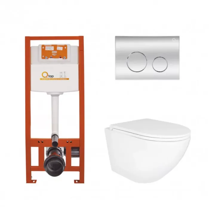 Инсталляционный набор: Qtap Robin Ultra Quiet подвесной унитаз QT1333046EUQW + Nest комплект установки 4в1 (круглая клавиша Chrome) QT0133M425 + QT0111M11112CRM