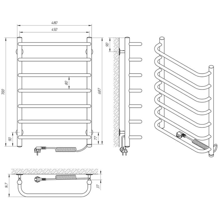 Полотенцесушитель СТАНДАРТ П7, 450*700, правый