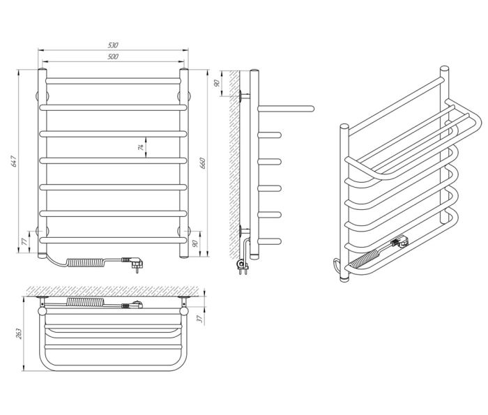Рушникосушка СТАНДАРТ П7, 500*660, ліва з полицею