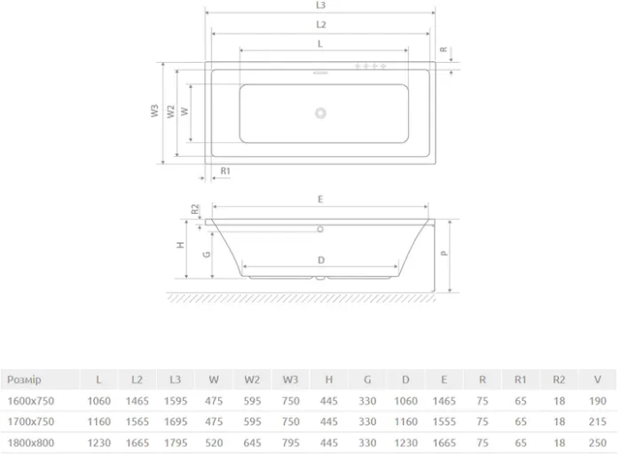 Ванна акриловая Radaway TIANA 170x75 с ножками