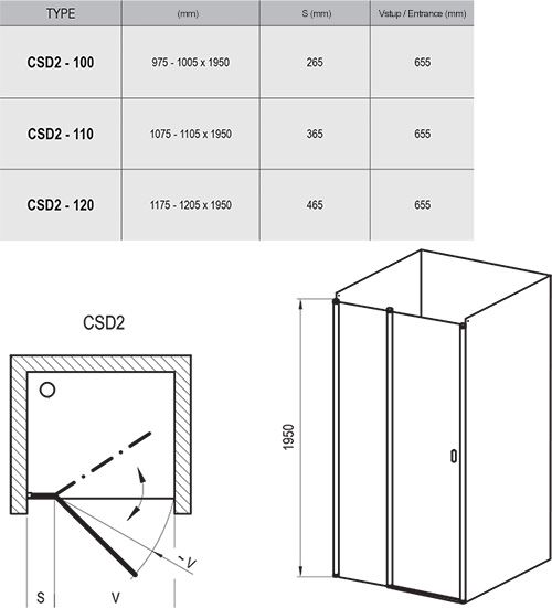 Душові двері двоелементні CHROME CSD2-120 Transparent, (0QVGCC00Z1) RAVAK