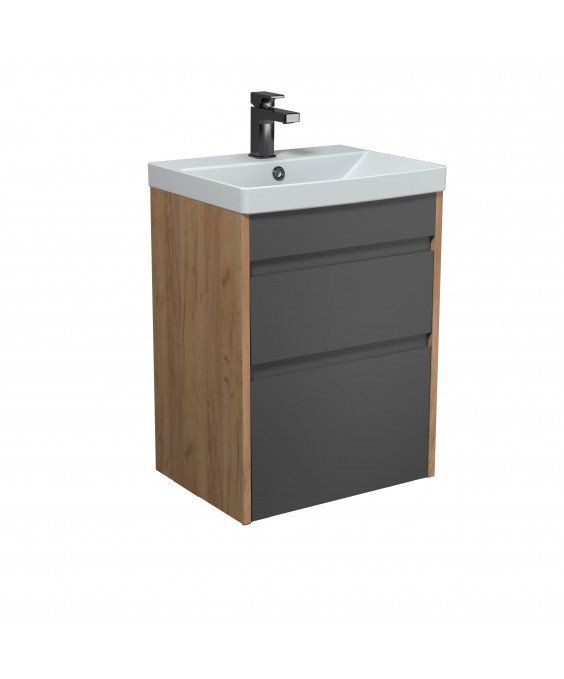 Тумба Jessy 50-U з умивальником Sempre 50 графіт з деревом підвісна підлогова