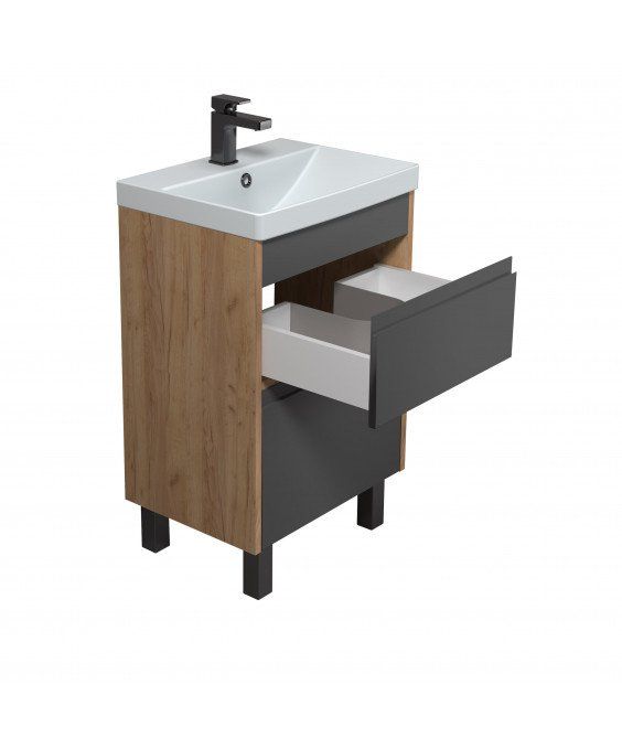 Тумба Jessy 50-U з умивальником Sempre 50 графіт з деревом підвісна підлогова