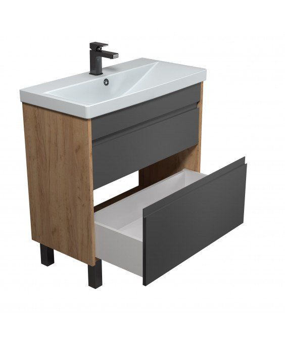 Тумба Jessy 80-U з умивальником Sempre 80 графіт з деревом підвісна підлогова