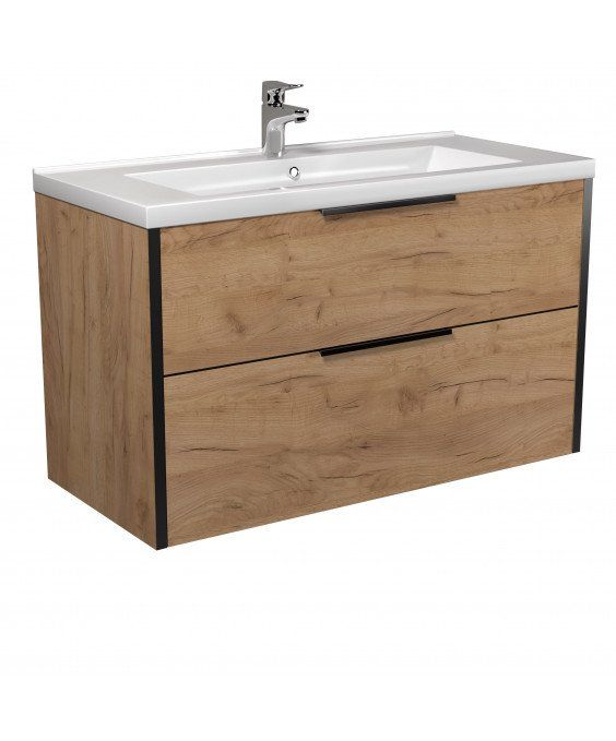 Тумба Line Craft 100 з умивальником Cosmo 100 дуб крафт/чорна