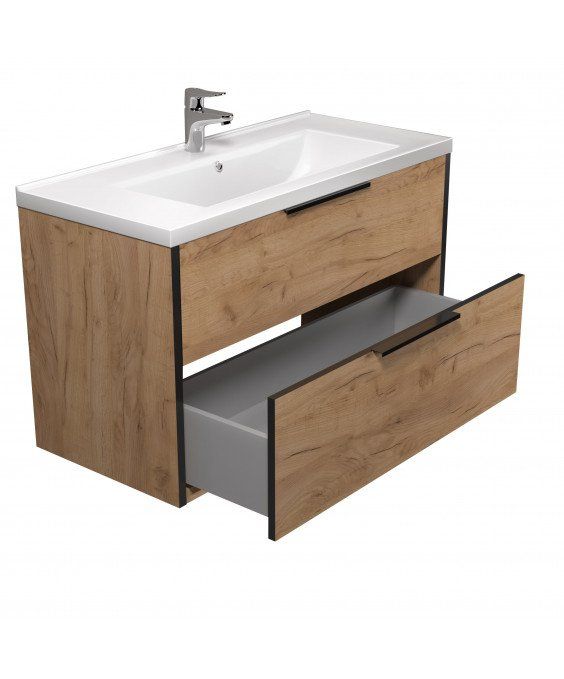 Тумба Line Craft 100 з умивальником Cosmo 100 дуб крафт/чорна